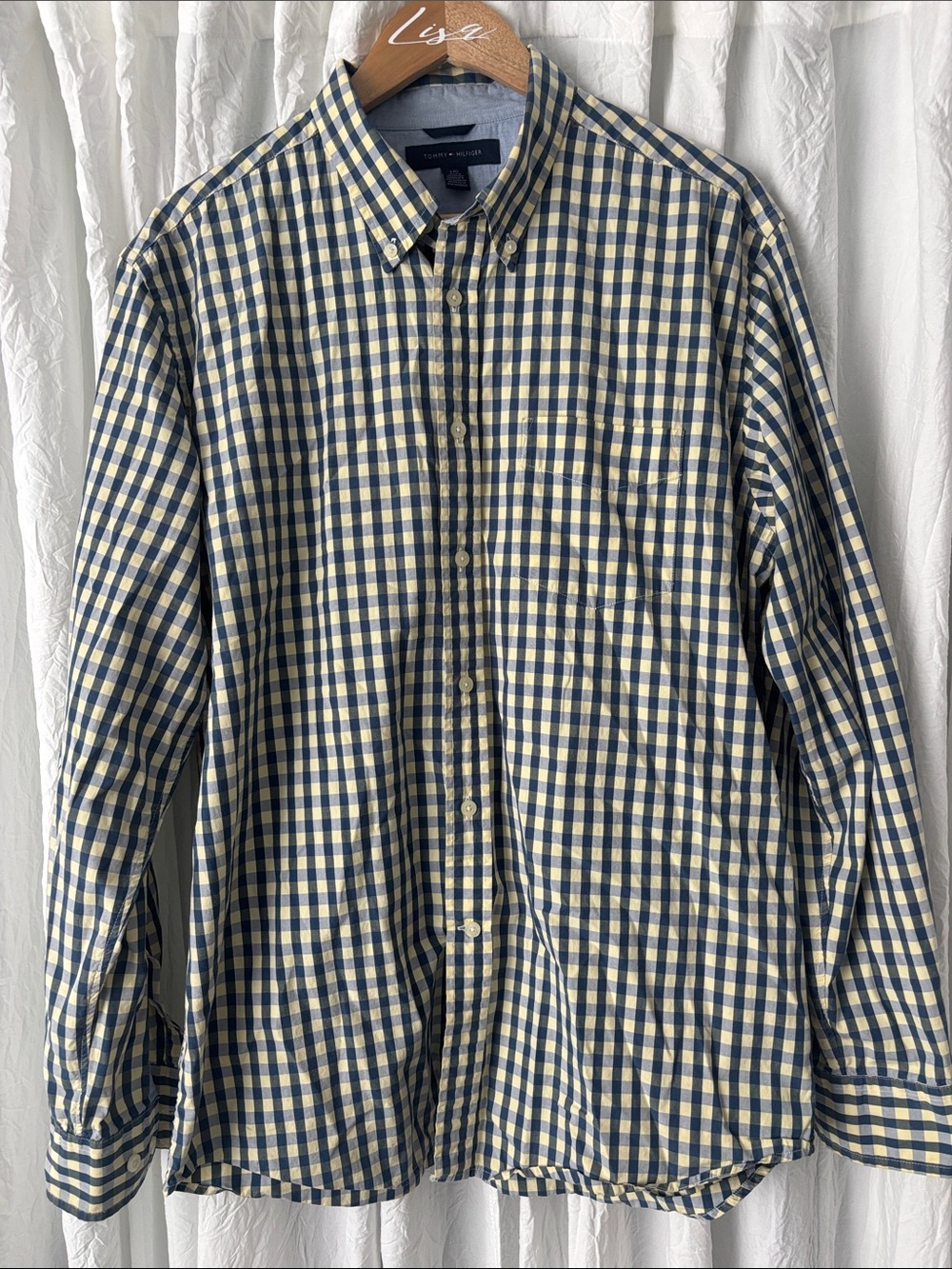 Vintage Tommy Hilfiger Men's Yellow & Navy Check Button-Down Shirt